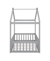 flynama Wood House Bed Roof Fence Pine Wood Frame 7 Slats Kids Teens
