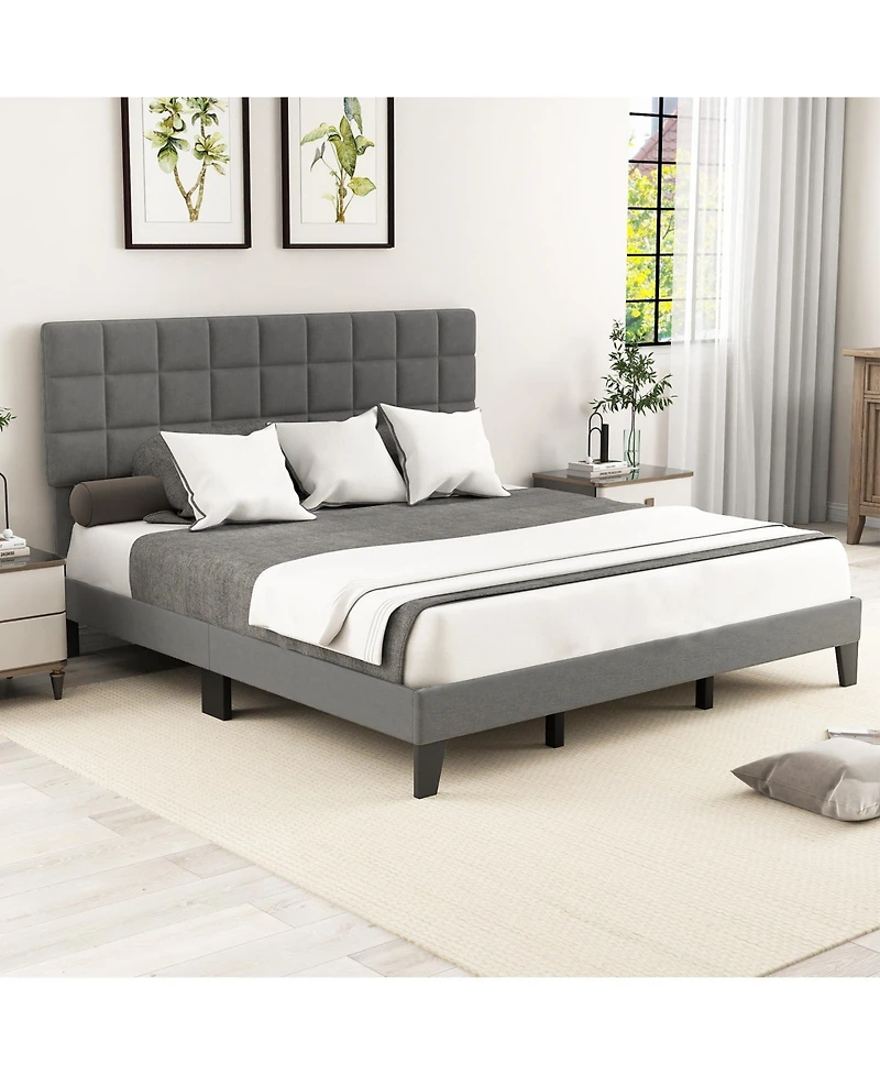 Sugift King Size Modern Linen Bed Frame with Adjustable Headboard