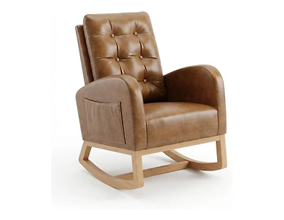 gaomon High Backrest Rocking Chair, Modern Pu Leather Upholstered, Wood Legs, Lounge for Living Room, Bedroom