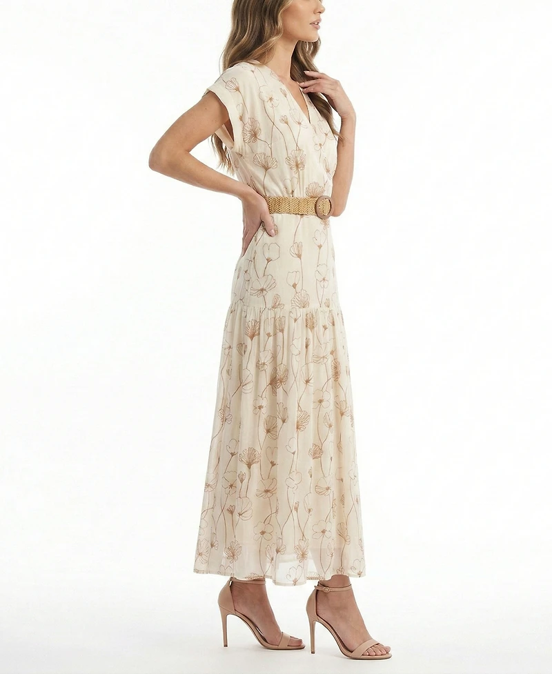 Taylor Women's Embroidered V-Neck Belted Dress
