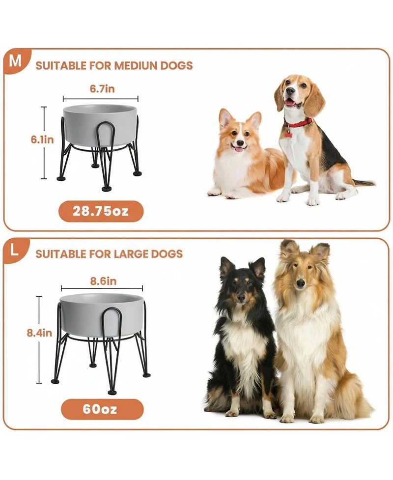Aronkl Elevated Dog Ceramic Bowl Set 2 Pack with Anti-slip Non-tip Metal Stand for Dogs Food Water Feeding