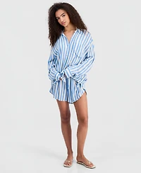 Miken Juniors' Button-Down Striped Crinkle Gauze Cover-Up Shirt, Macy's Exclusive