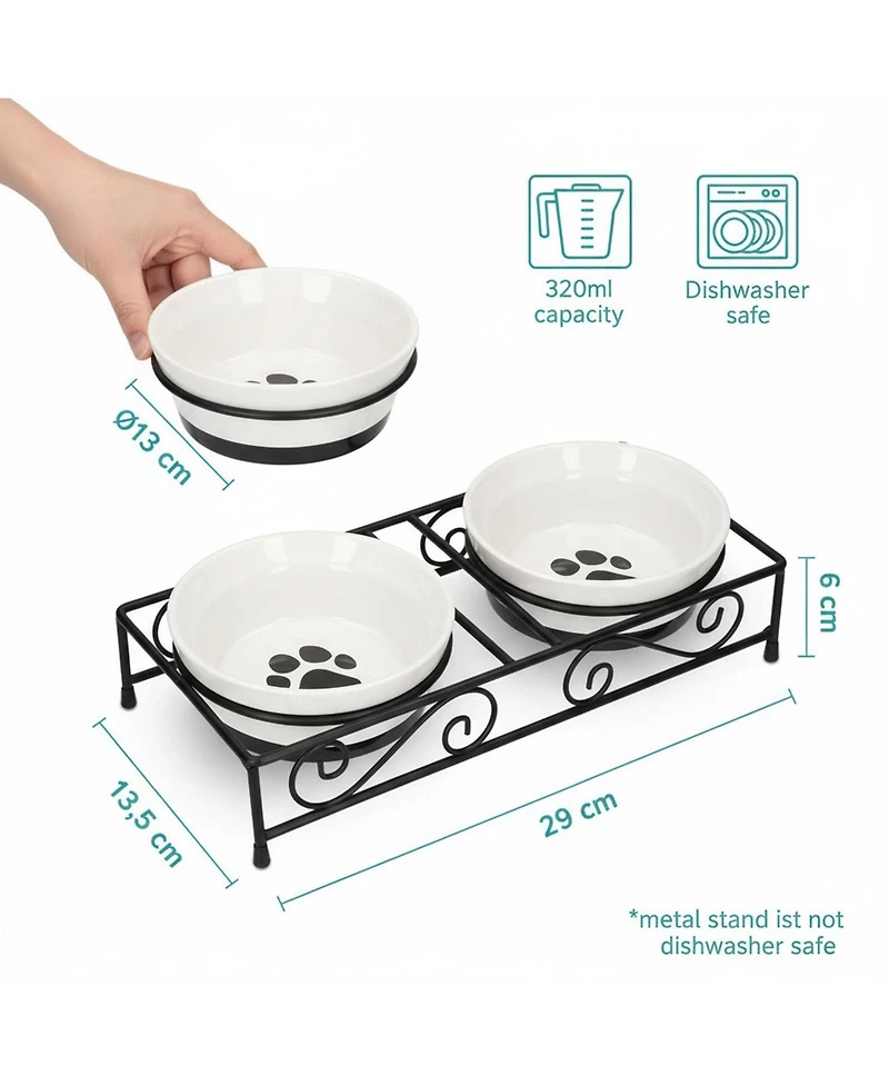 Aronkl Ceramic Pet Bowl Set with Metal Stand Paw Print Design Dishwasher Safe