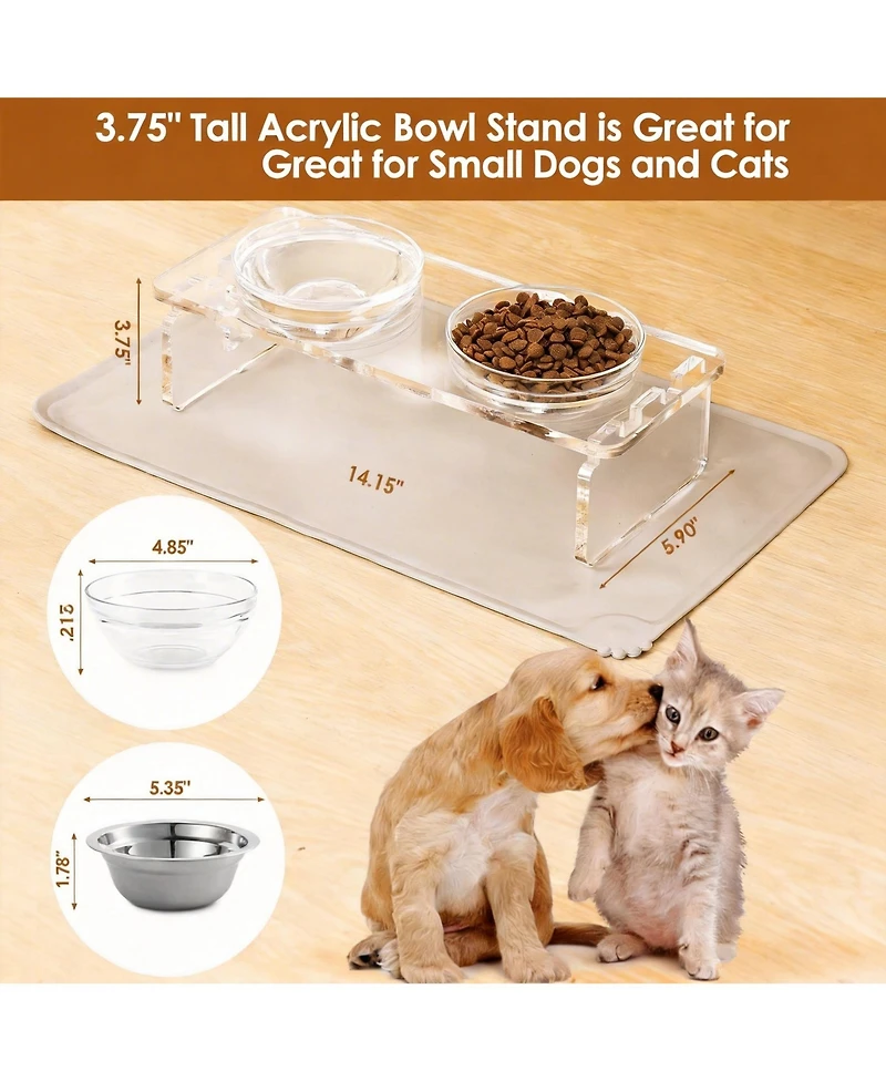 Aronkl Elevated Pet Feeder Stand with Stainless Steel & Glass Bowls for Small/Medium Dogs Cats