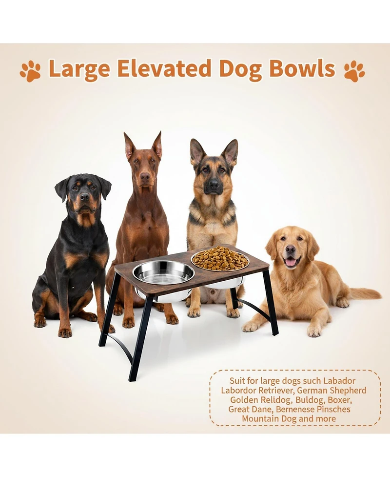 Aronkl Elevated Dog Bowl Stand with 2 Stainless Steel Bowls Tilted Wood Metal Joint Strain Relief Non-slip