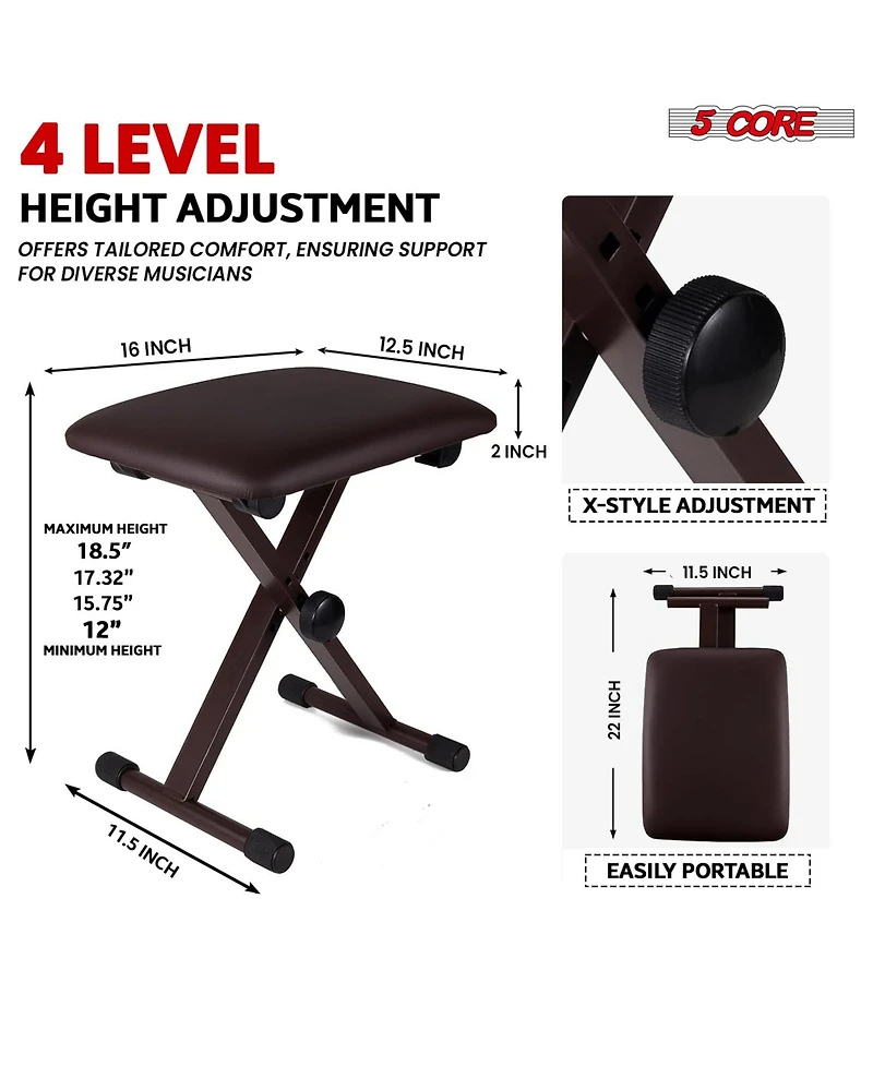 5 Core Keyboard Stand Piano Bench Combo Adjustable Key Board Stands 2" Padded Musician Chair Set