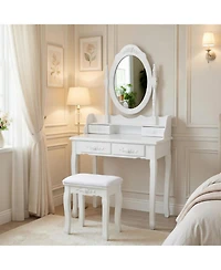 Flynama Princess Vanity Desk Set with 360 Rotating Mirror Cushioned Stool 4 Drawer Wooden Makeup Table for Girls Bedroom