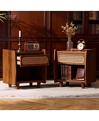 Flynama Elegant Modern Wooden Nightstand with Storage Space Natural Finish Bedside Table for Bedroom Living Room