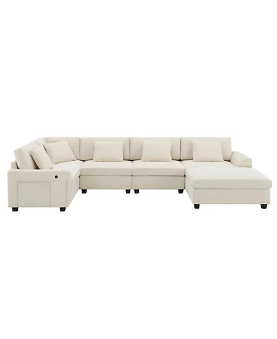 Clihome" U Shaped Sectional Sofa,6 Seat Chenille Couch Set with Oversized Ottoman,Hidden Armrest Storage and Cup Holders