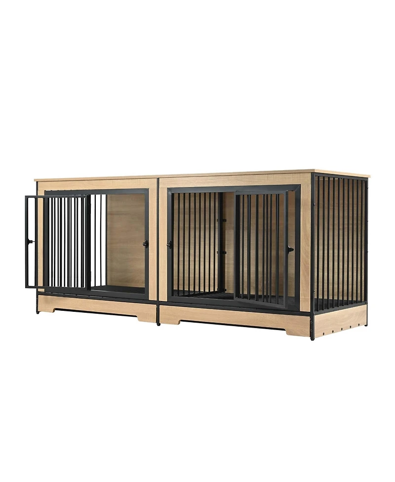 Aostirmotor Double Room Dog Crate Furniture – Xl Wooden Kennel with Trays for 2 Large Dogs