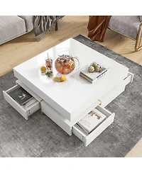 Rainsken Modern High Gloss Coffee Table, Multi-Storage Square Center Table with 4 Drawers and Wood Grain Legs for Living Room