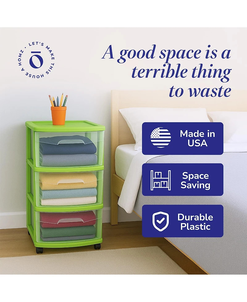 Homz Plastic 3 Drawer Medium Storage Container Tower, Clear Drawers/Lime Frame