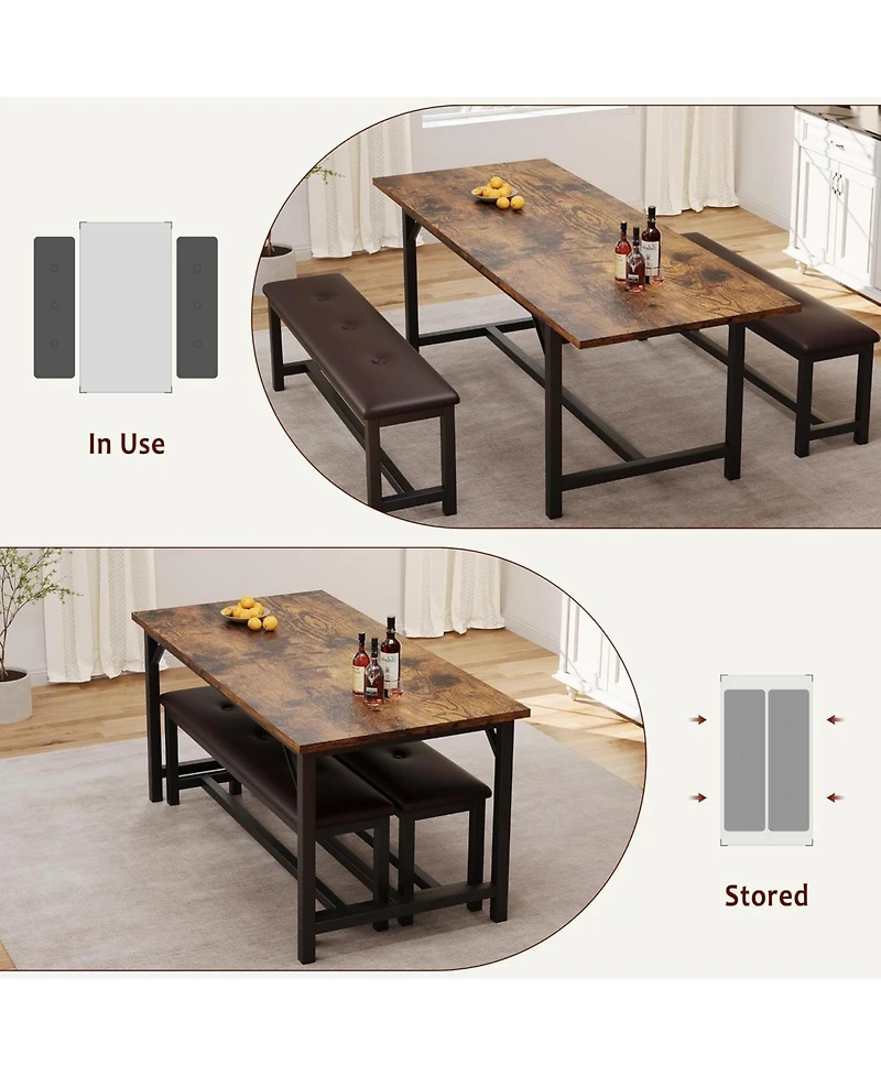 Gaomon 3 Piece Extendable Dining Table Set for 4–6, Rectangular Kitchen Table with 2 Upholstered Benches for Apartment Dining