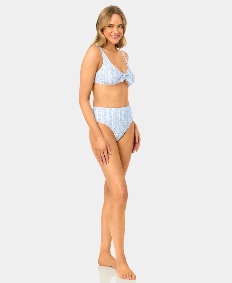 California Waves Women's Toile Stripe Knot Front Swim Bikini Top