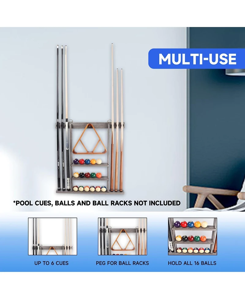 Gse Games & Sports Expert Wood Wall Mounted Pool Cue Rack with Metal Hook, 6