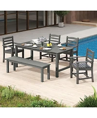 Gymax 6 Pcs Patio Dining Bench Set Outdoor Hdpe Weather Resistant Table and Chairs Set