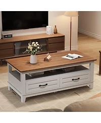 gaomon Farmhouse Coffee Table with Drawers, Center Rustic Tables Living Room Table, Open Shelf and 6 Support