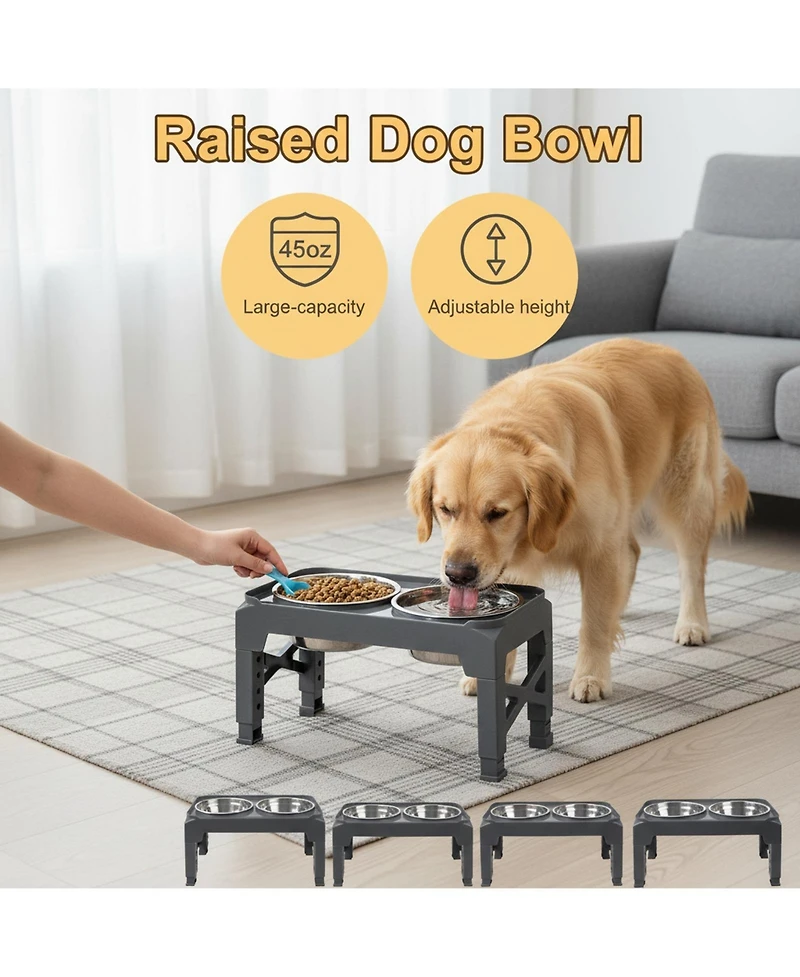Aronkl Adjustable Elevated Dog Bowl Stand with 2 Stainless Steel Bowls & Pet Scoop