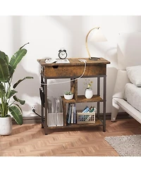 gaomon Side Table with Charging Station, Rustic Brown End Table with Flip Top, Usb Ports & Outlets, Narrow Nightstand with Storage Shelf for Small