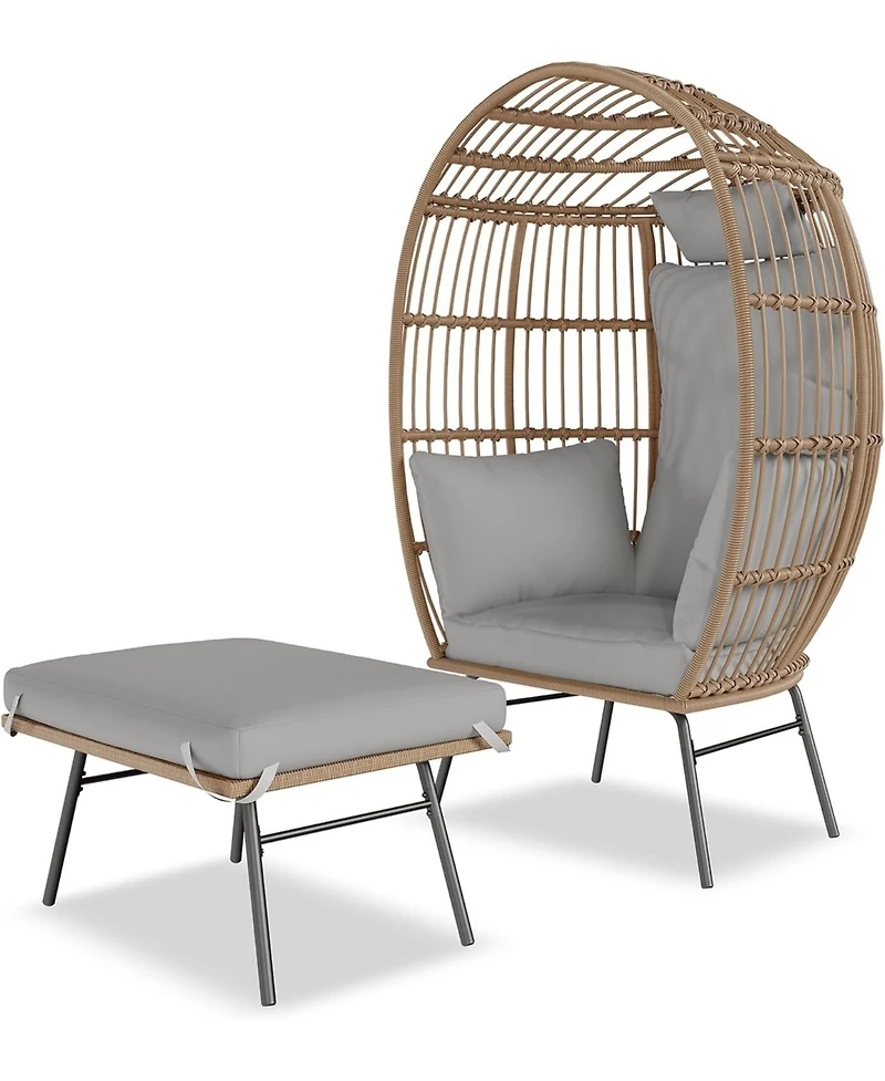 gaomon Oversized Wicker Egg Chair with Ottoman, Patio Lounge Egg Chair with Thick Cushion, Rattan Egg Basket with Steel Frame for Indoor/Outdoor