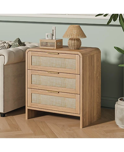 Flynama Stylish Rattan Nightstand with 3 Drawers Finish Bedroom Living Room Storage Table