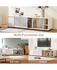 Aostirmotor Modern Cream White Tv Stand & Cat Litter Box Enclosure with Sliding Door