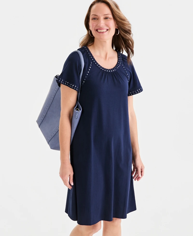 Style & Co Petite Mirror-Trim Raglan-Sleeve Swing Dress, Macy's Exclusive