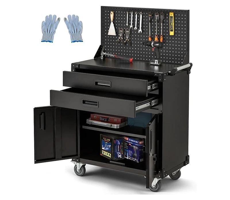 Aecojoy 52'' Work Bench for Garage with Pegboard Drawers and Cabinets Heavy Duty Metal Frame Tool Bench for Organizer Work Table with Wheels