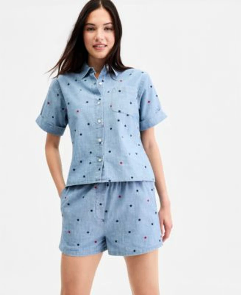 Tommy Hilfiger Womens Star Print Chambray Short Sleeve Shirt Shorts