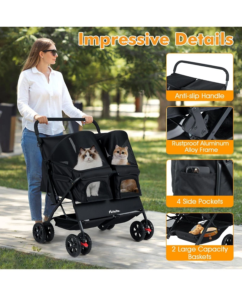 Gymax Double Pet Stroller w/ 2-seater Carrier Adjustable Sunshade Removable Pad