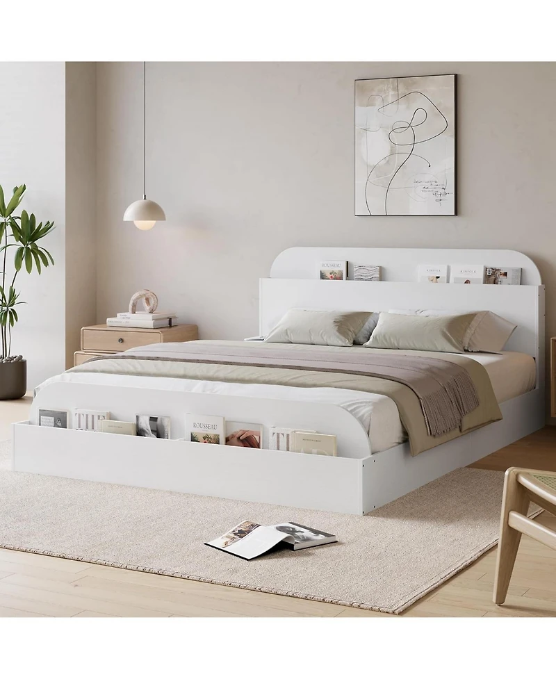 gaomon Full Bed Frame with Storage Headboard and Raised Footboard Low Platform Wood Slats No Box Spring