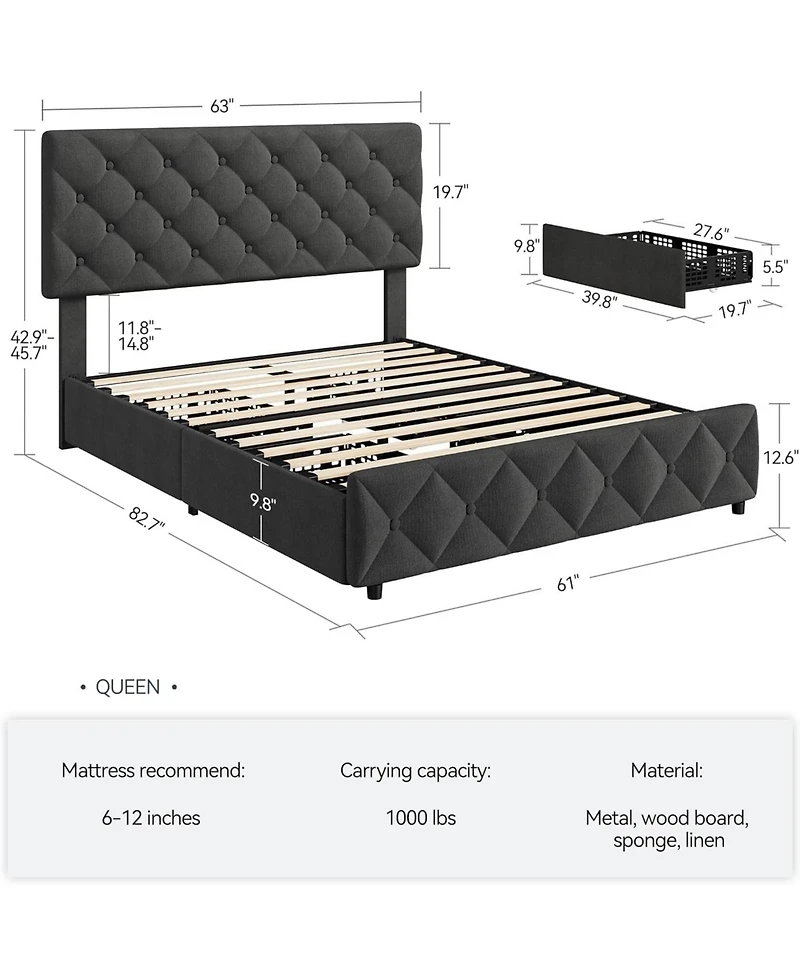 gaomon Bed Frame with 4 Drawers Linen Upholstered Platform Headboard Slat Support