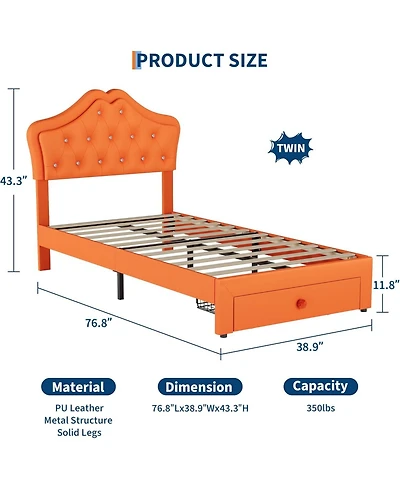 gaomon Twin Bed Frame with Led Lights Velvet Crystal Button Headboard Storage Drawer No Box Spring