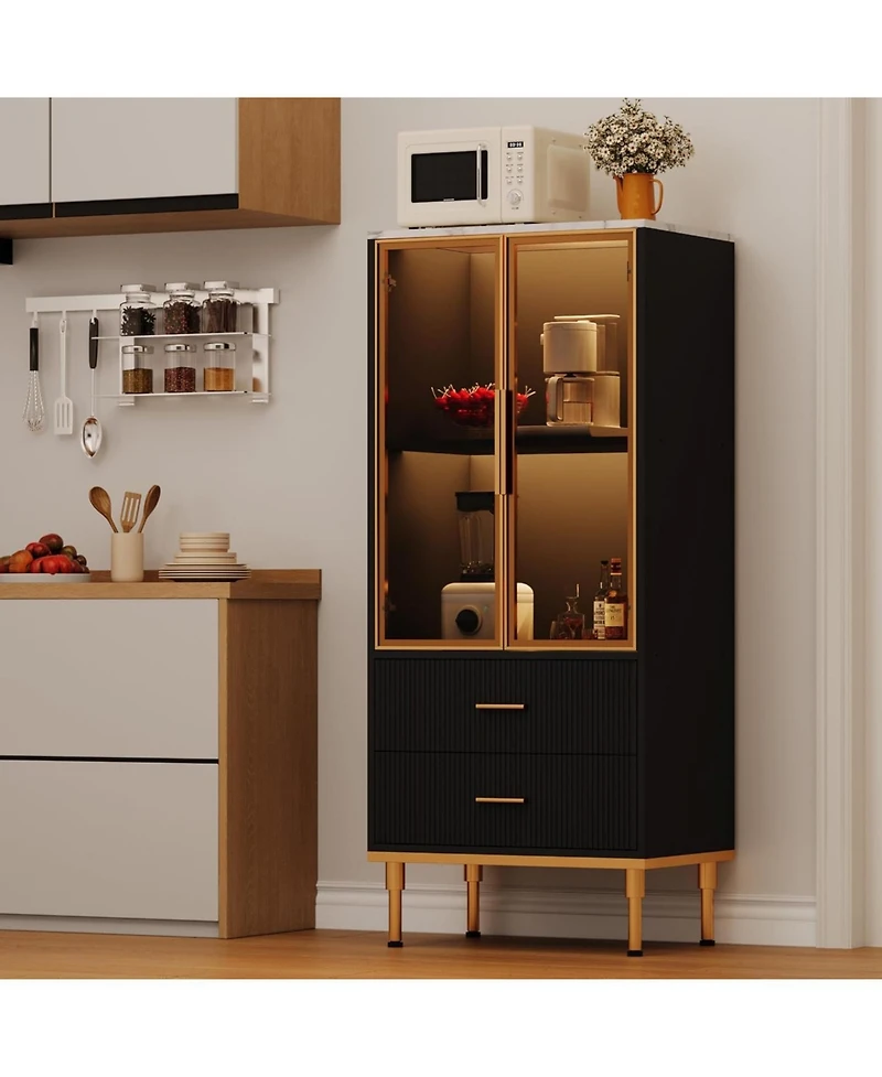 gaomon Freestanding Kitchen Storage Cabinet Glass Door 2 Drawers Modern Pantry Cupboard with Shelves for Living Room Office.