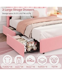 gaomon Bed Frame with Led Storage Headboard, 2 Drawers, Boucle Upholstery, Bookcase, Girls Platform, No Box Spring