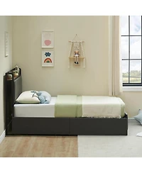 gaomon Bed Frame with 2 Drawers Charging Station Rustic Linen Upholstered No Box Spring Needed