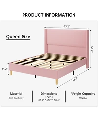gaomon Queen Corduroy Upholstered Platform Bed, Channel Tufted Wingback Headboard, Strong Slats, Easy Assembly
