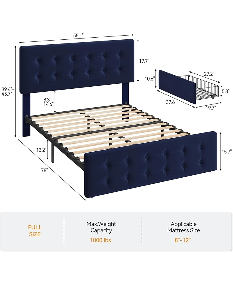 gaomon Platform Bed Frame with 4 Storage Drawers, Velvet Tufted Headboard, Wooden Slats No Box Spring