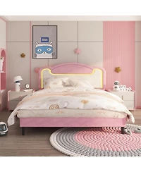 gaomon Full Upholstered Platform Bed with Led and Fabric Headboard, Princess Style, Wood Slats