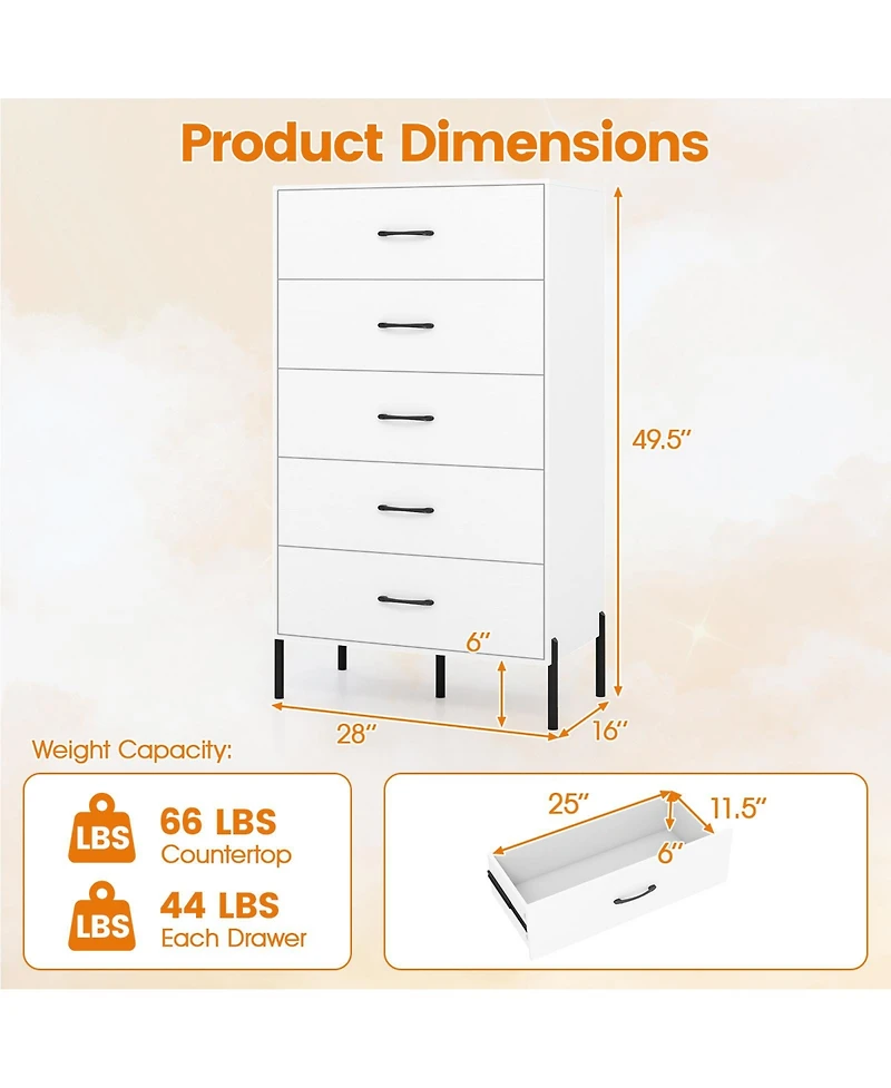 Sugift Five Drawer Tall Chest of Drawers with Metal Legs