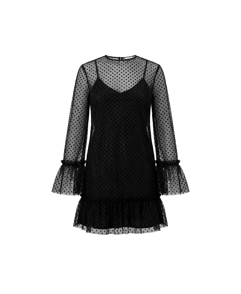 Ivonne Women's Flocked Polka Dot Short Dress with Wide Long Sleeves