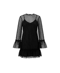 Ivonne Women's Flocked Polka Dot Short Dress with Wide Long Sleeves