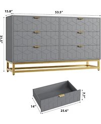 gaomon 53.5 Inch Wide 6 Drawer Dresser Gold Accents for Tv Stand and Closet