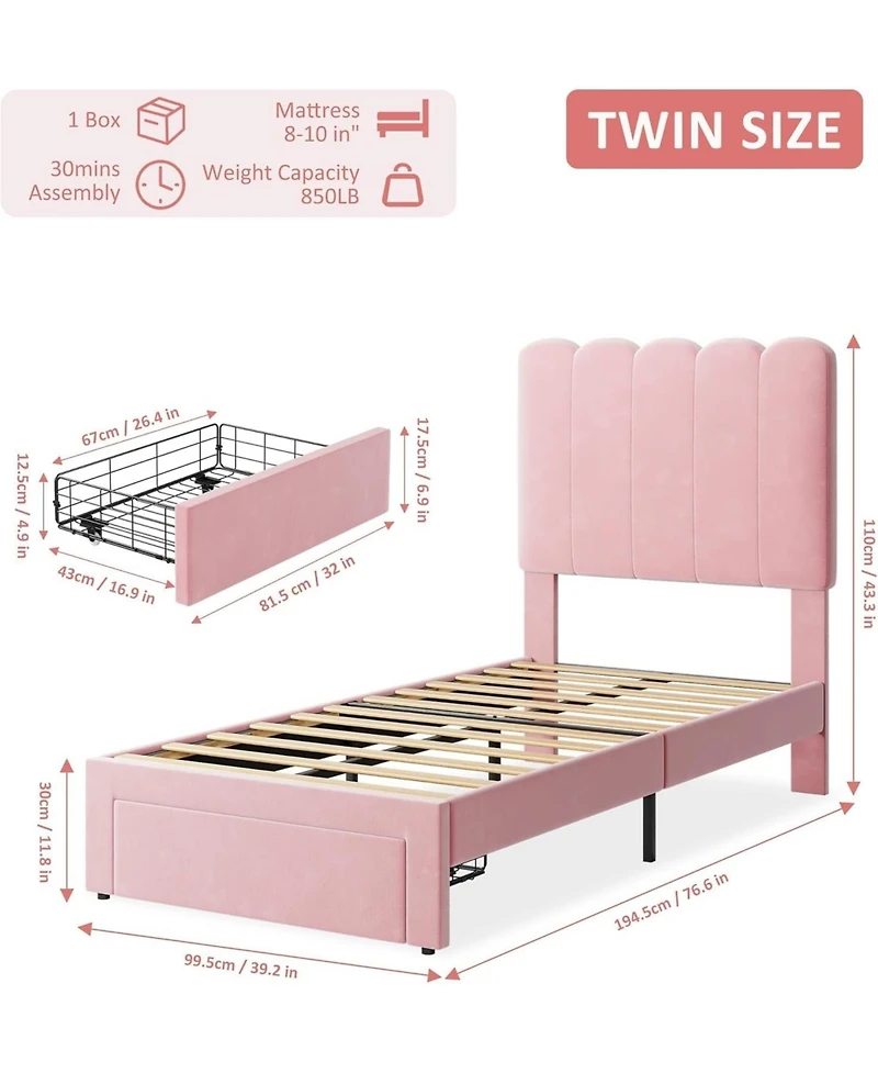 gaomon Velvet Upholstered Bed Frame with Drawers and Wavy Headboard for Girls, Platform Design, Wooden Slats
