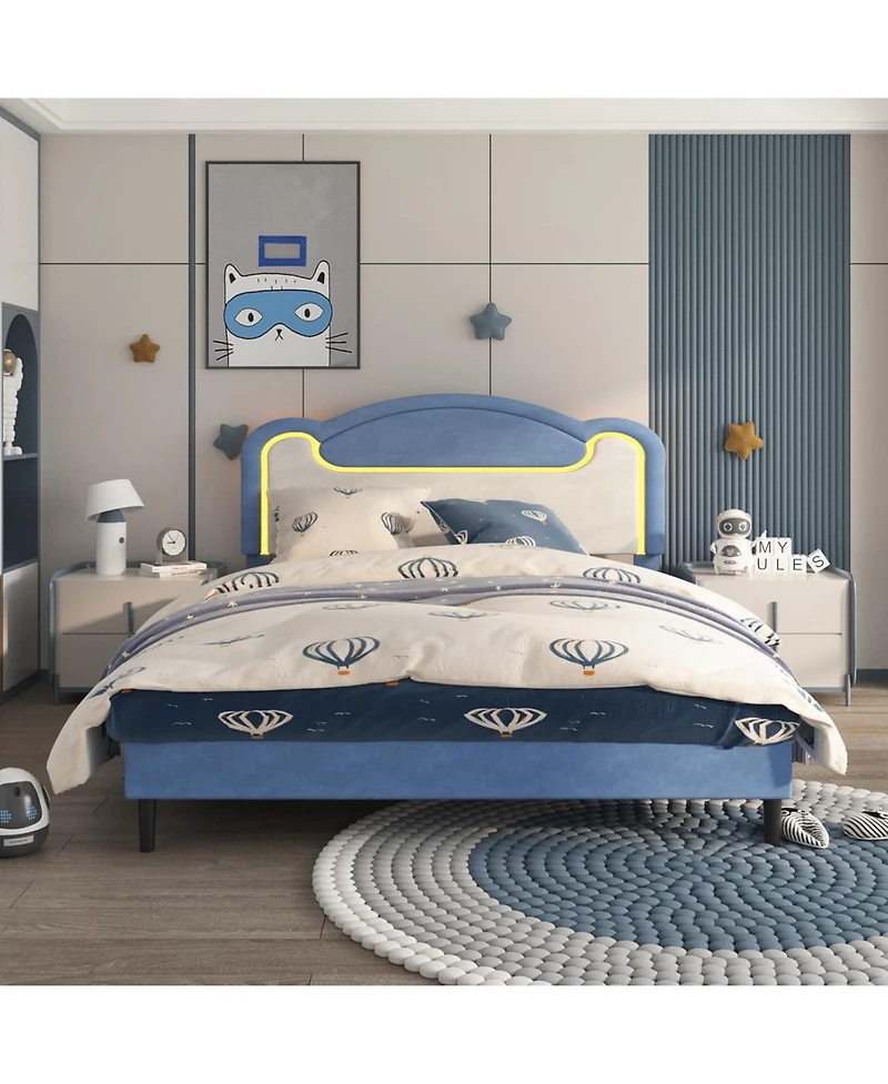 gaomon Led Upholstered Platform Bed, Princess Style, Fabric Headboard, Wood Slats,No Box Spring