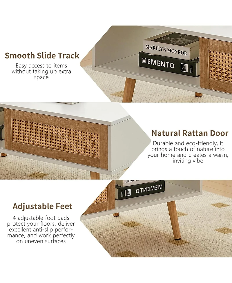 Rainsken Rattan Coffee Table, Rectangle Wooden Center Tables with Sliding Door and Solid Wood Legs for Living Room, Home Office