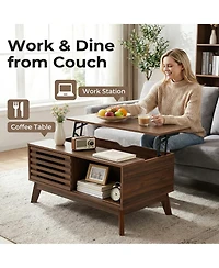 Rainsken Lift Top Coffee Table with Storage, Mid Century Modern Center Table with Sliding Slatted Door and Hidden Compartment for Living Room