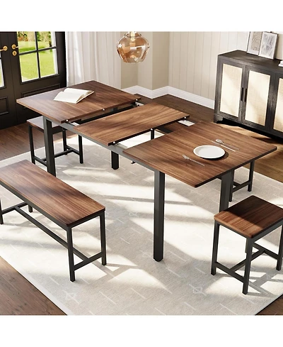 gaomon 63" Extendable Dining Table Set, Includes 2 Benches & 2 Stools, Modern Table for 8, Easy Assembly
