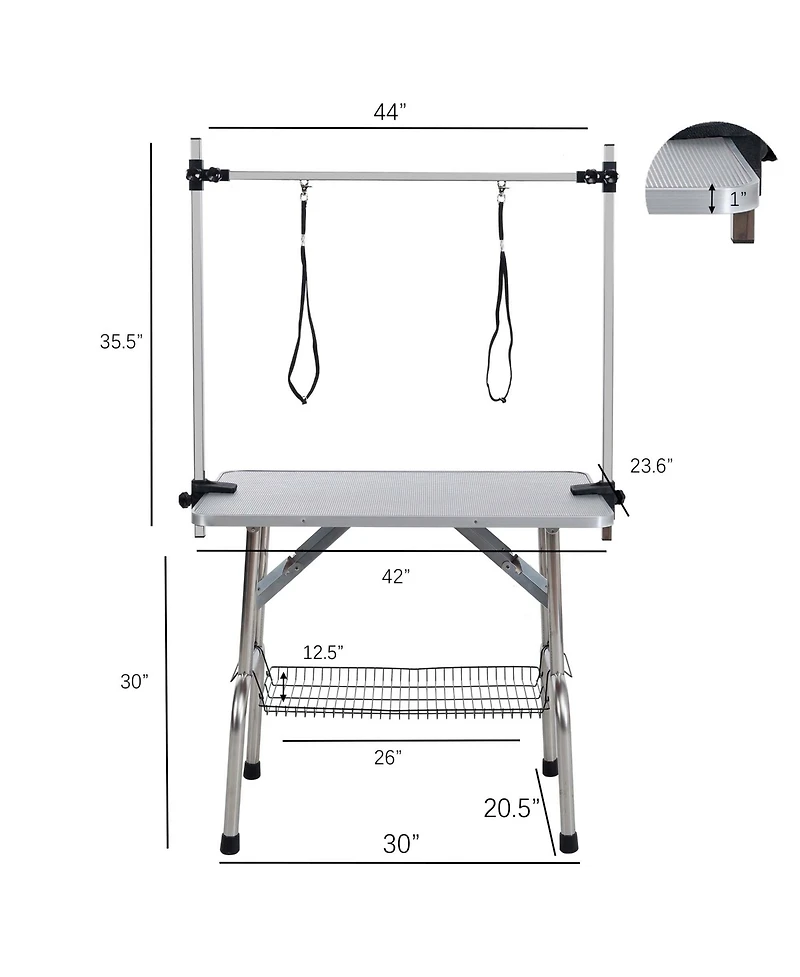 Aostirmotor 42" Silver- Folding Pet Grooming Table with Stainless Steel Frame and Adjustable Arm