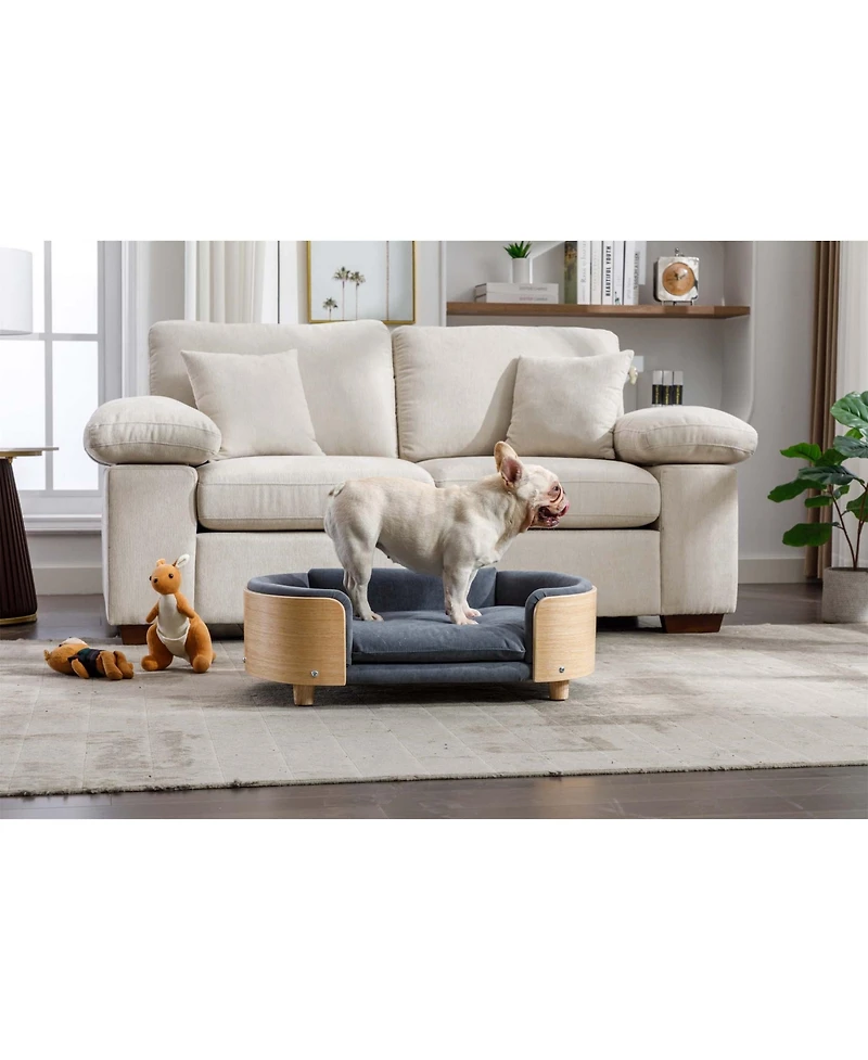 Aostirmotor Mid-Size Scandinavian Elevated Dog Bed with Solid Wood Legs and Velvet Cushion